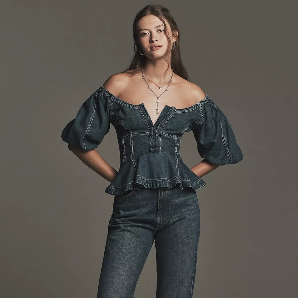 Pilcro‎ Puff Sleeve Peplum Denim Blouse XXS